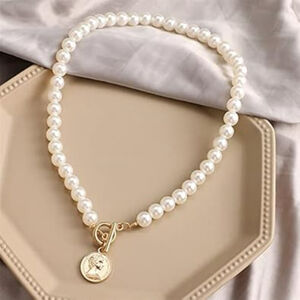 Women's Faux Pearl Choker Necklace Toggle Clasp with Coin Charm Pendant NWT